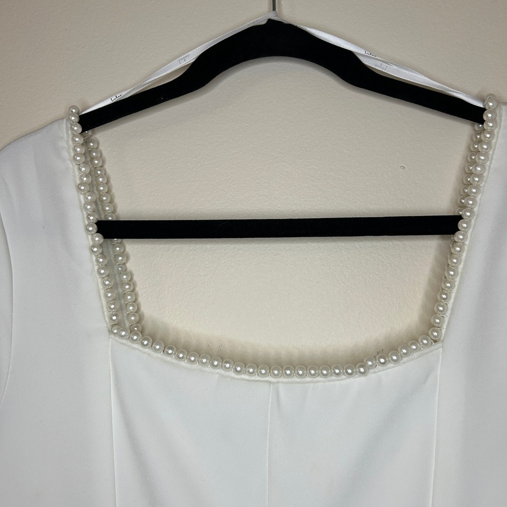 Lulus Aesthetic White Pearl Bow Long Sleeve Romper Medium - Picture 7 of 12